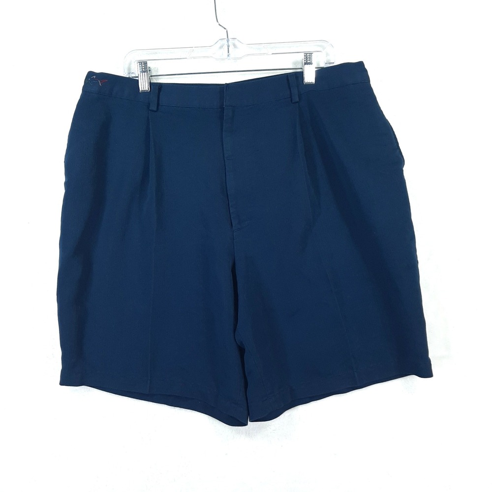 Greg Norman Mens Pleated Golf Shorts Navy Blue Shark Logo Size 36 Herringbone